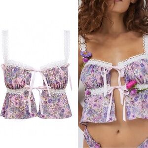 FOR LOVE & LEMONS Willow Multi Floral Bow Tie Ribbon Bow Coquette Top Purple XL